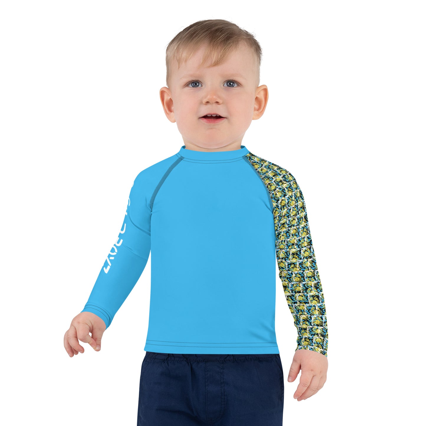 "Happiness Comes in Waves" Kids Boys Surf Rash Guard (Blue)