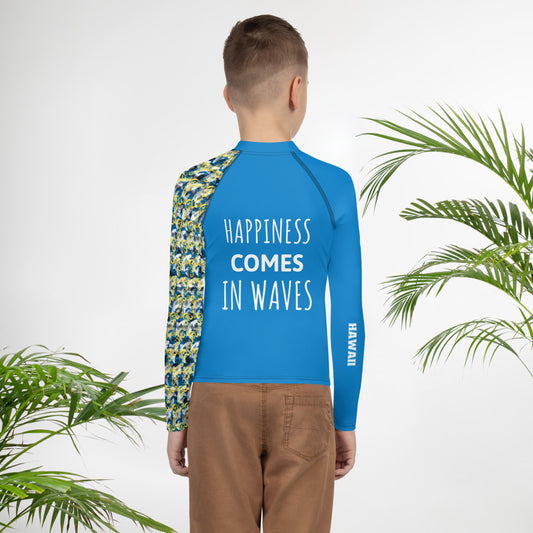 "Happiness Comes in Waves"  Youth Boys Surf Rash Guard