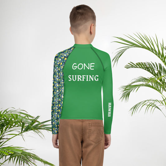 "Gone Surfing" Youth Boys Surf Rash Guard (Green)