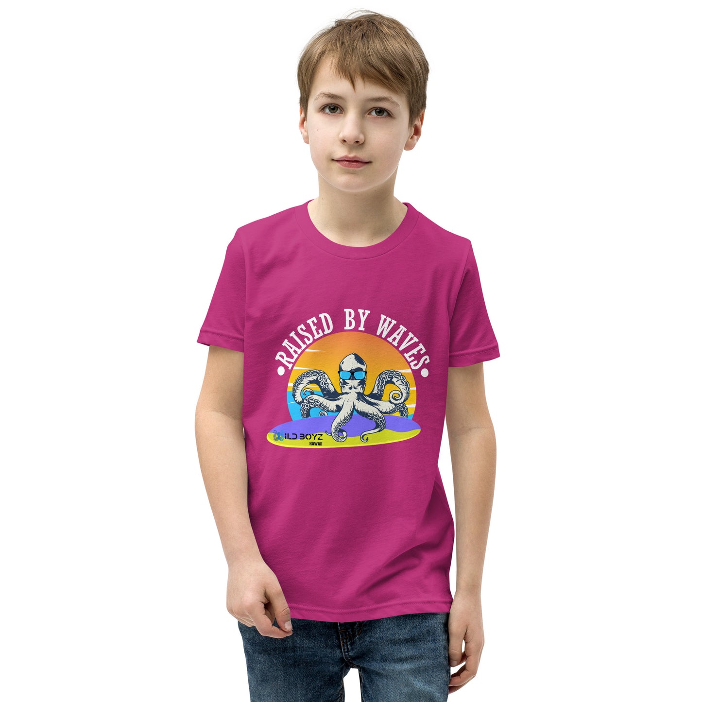 Raised By Waves Octopus Surfing Kids Youth T-Shirt