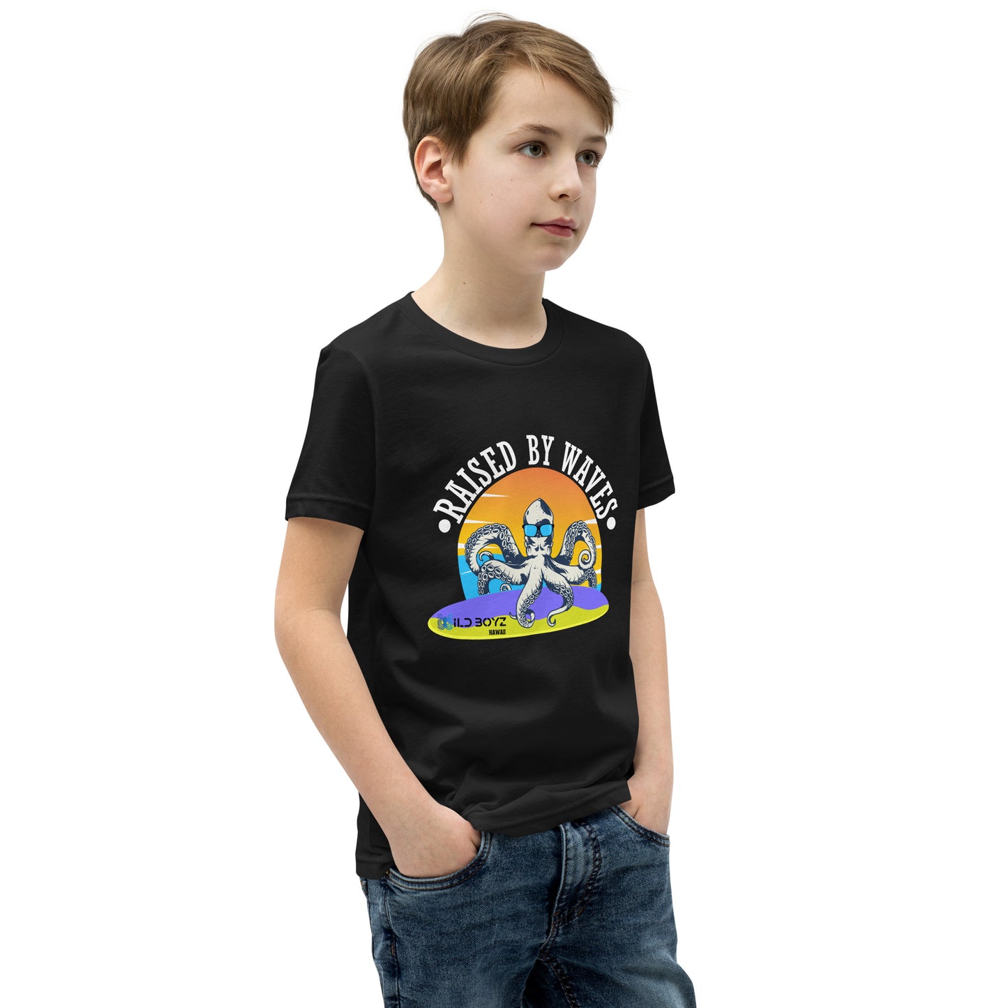Raised By Waves Octopus Surfing Kids Youth T-Shirt