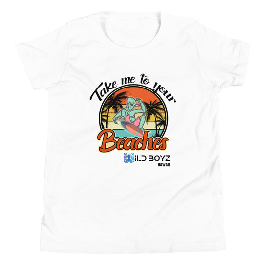 Take Me To Your Beaches Youth Short Sleeve T-Shirt (White)